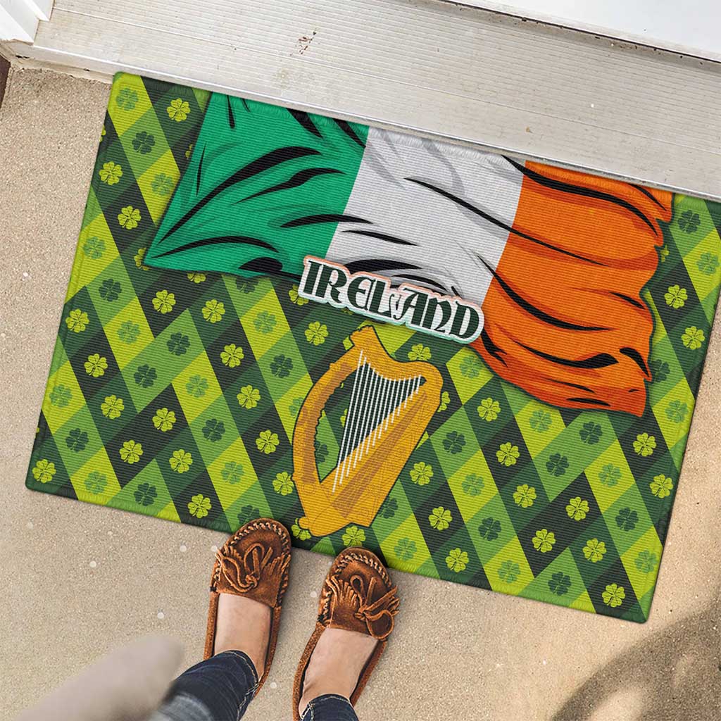 Ireland Rubber Doormat with Irish Flag Harp and Shamrock Pattern Design
