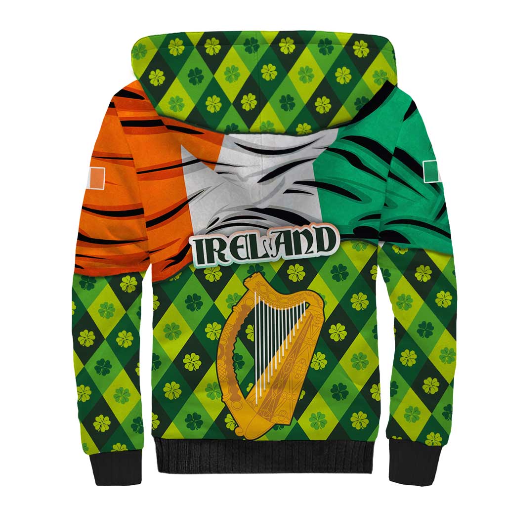 Ireland Sherpa Hoodie with Irish Flag Harp and Shamrock Pattern Design