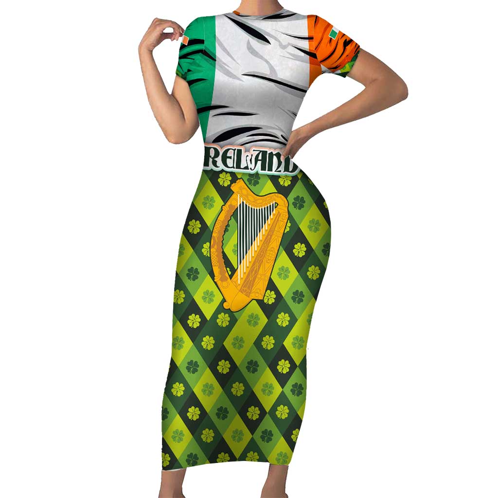 Ireland Short Sleeve Bodycon Dress with Irish Flag Harp and Shamrock Pattern Design