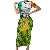 Ireland Short Sleeve Bodycon Dress with Irish Flag Harp and Shamrock Pattern Design