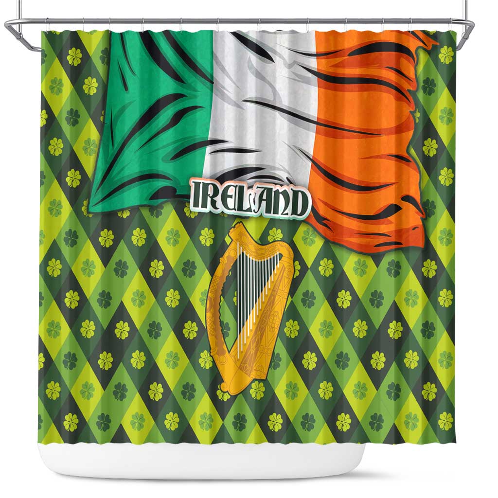Ireland Shower Curtain with Irish Flag Harp and Shamrock Pattern Design