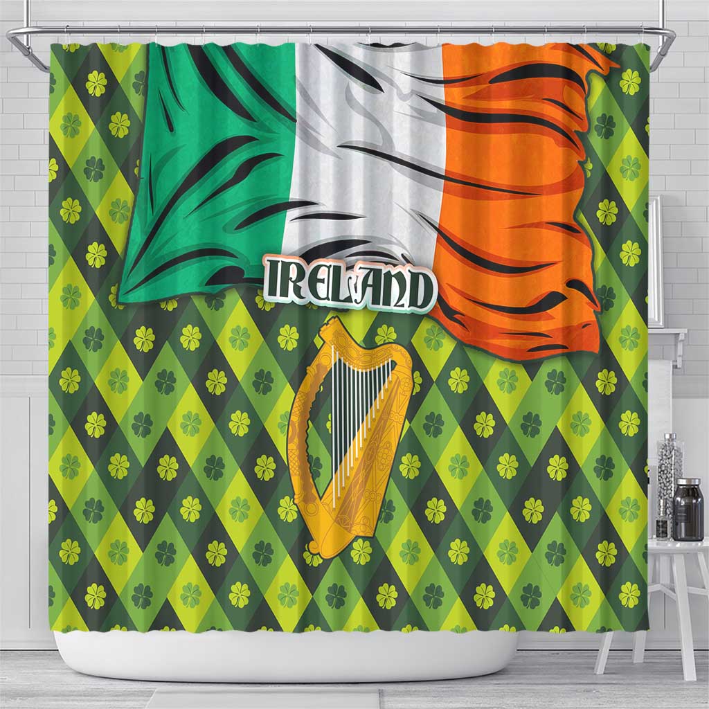 Ireland Shower Curtain with Irish Flag Harp and Shamrock Pattern Design