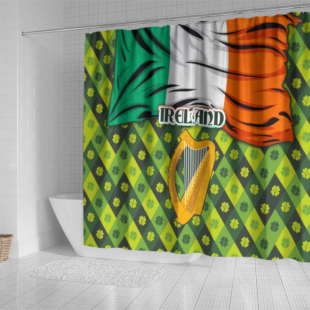 Ireland Shower Curtain with Irish Flag Harp and Shamrock Pattern Design