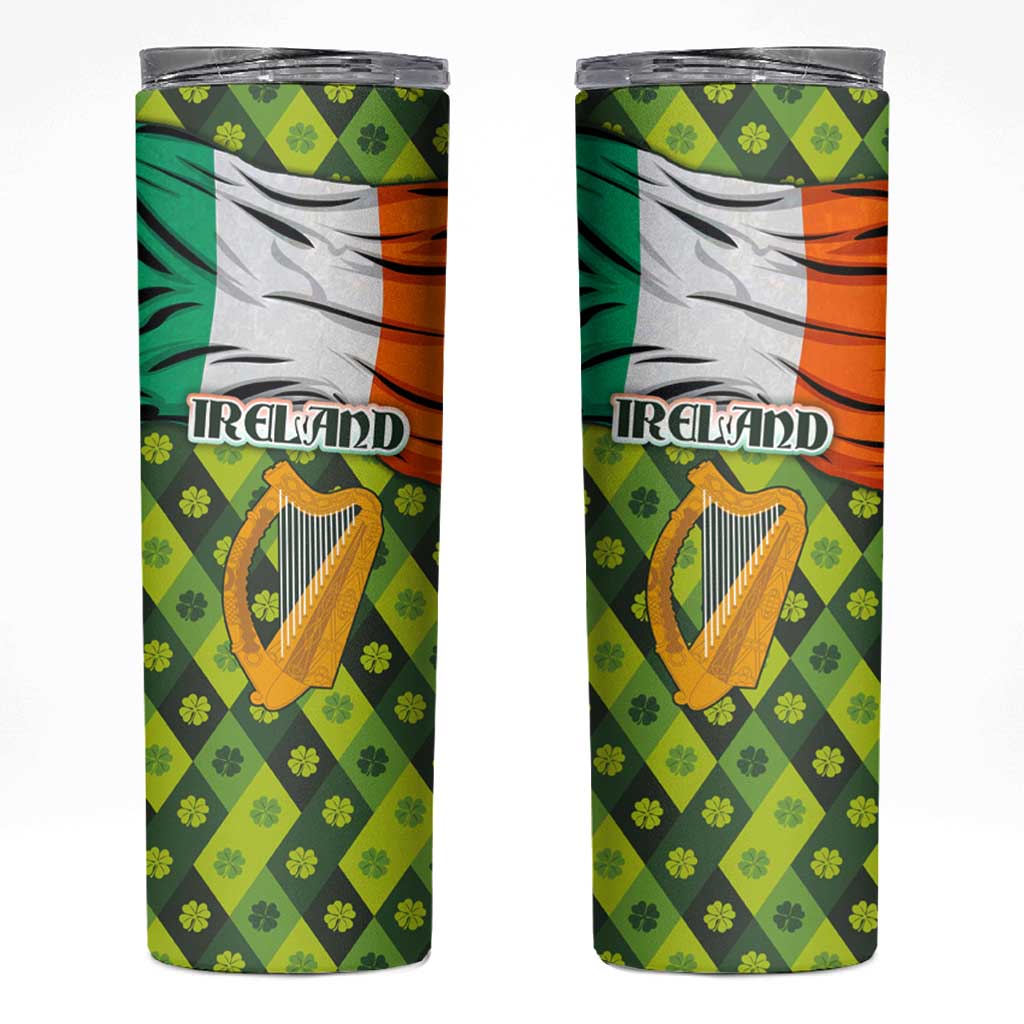 Ireland Skinny Tumbler with Irish Flag Harp and Shamrock Pattern Design