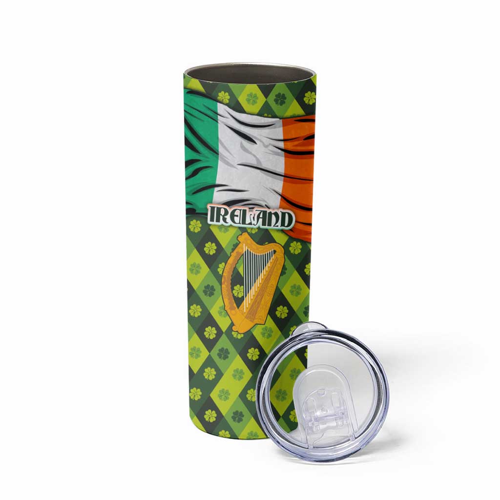 Ireland Skinny Tumbler with Irish Flag Harp and Shamrock Pattern Design