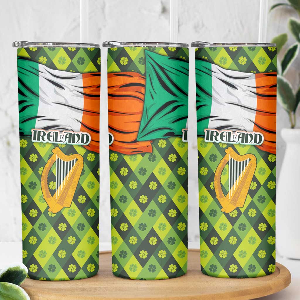 Ireland Skinny Tumbler with Irish Flag Harp and Shamrock Pattern Design