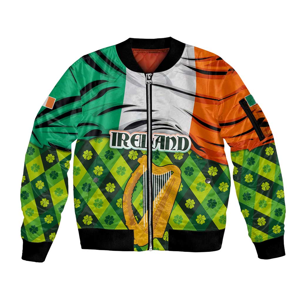 Ireland Sleeve Zip Bomber Jacket with Irish Flag Harp and Shamrock Pattern Design