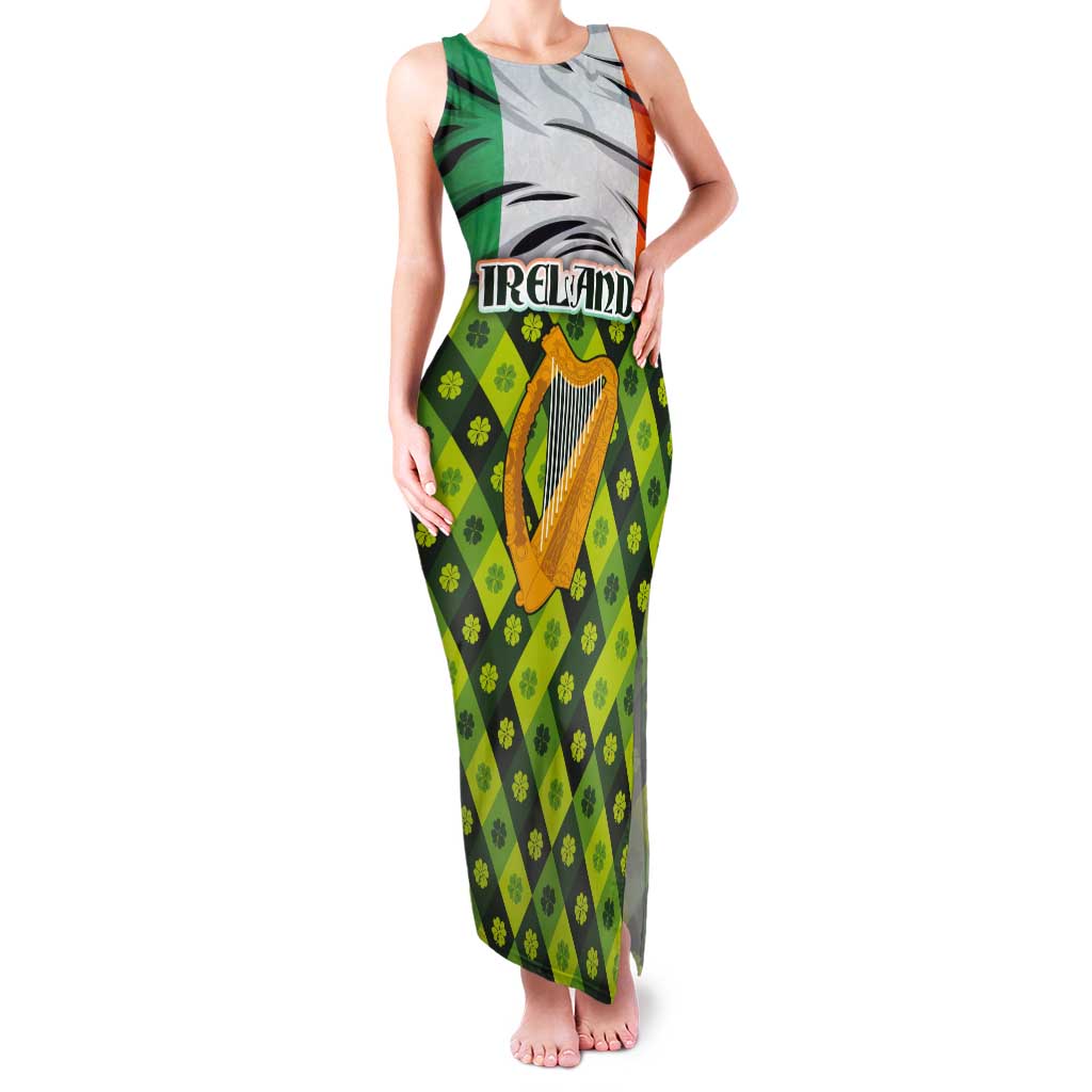 Ireland Tank Maxi Dress with Irish Flag Harp and Shamrock Pattern Design