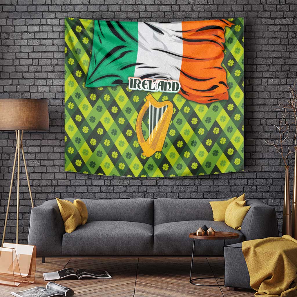 Ireland Tapestry with Irish Flag Harp and Shamrock Pattern Design