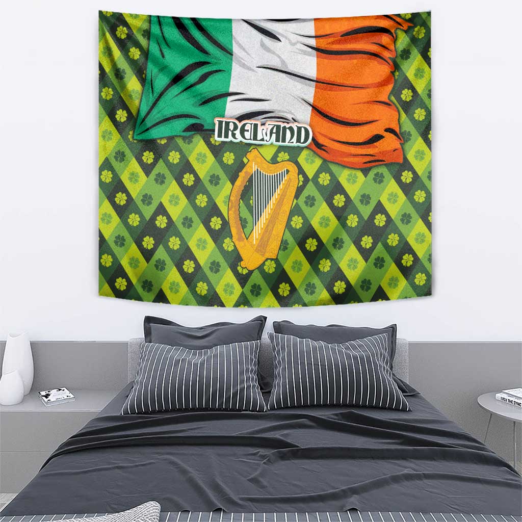 Ireland Tapestry with Irish Flag Harp and Shamrock Pattern Design