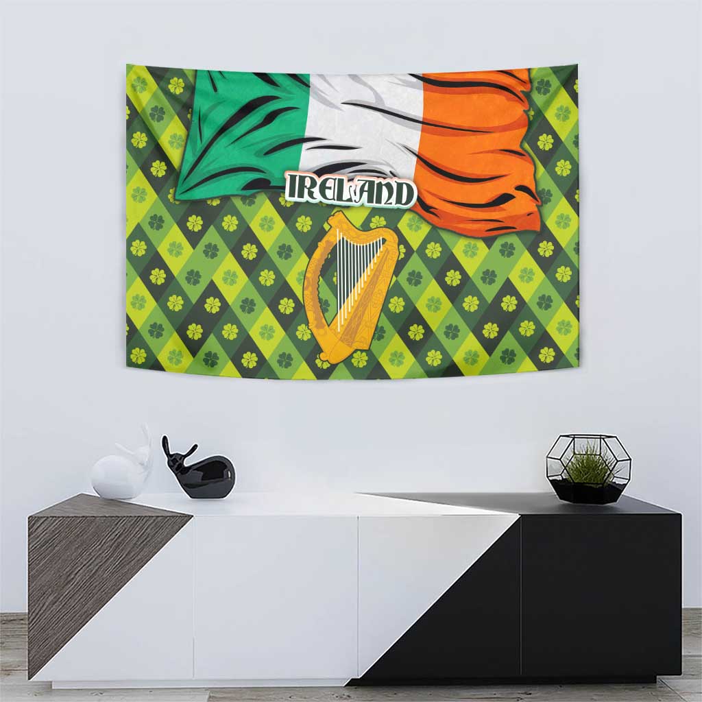 Ireland Tapestry with Irish Flag Harp and Shamrock Pattern Design