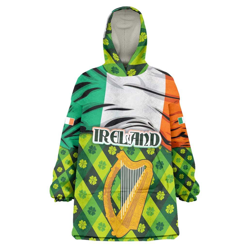 Ireland Wearable Blanket Hoodie with Irish Flag Harp and Shamrock Pattern Design