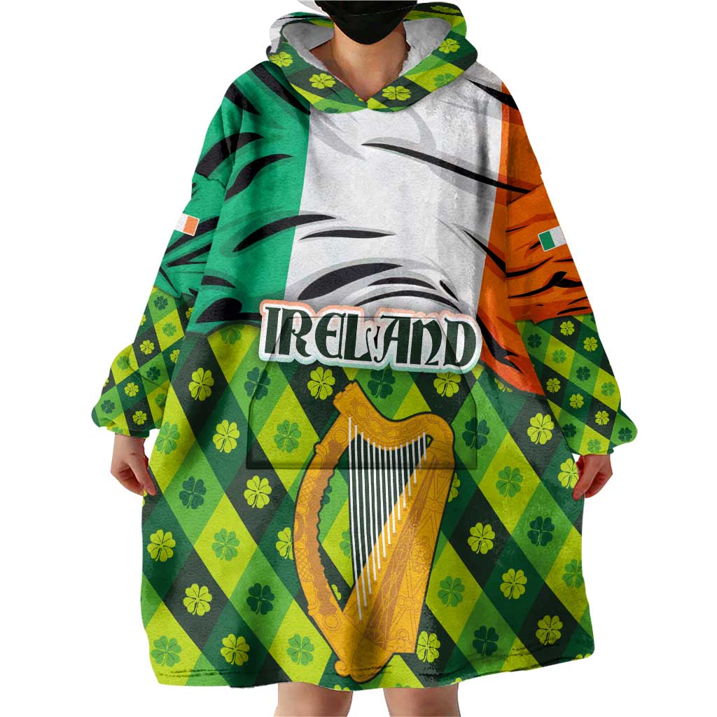Ireland Wearable Blanket Hoodie with Irish Flag Harp and Shamrock Pattern Design