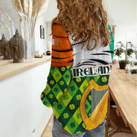 Ireland Women Casual Shirt with Irish Flag Harp and Shamrock Pattern Design