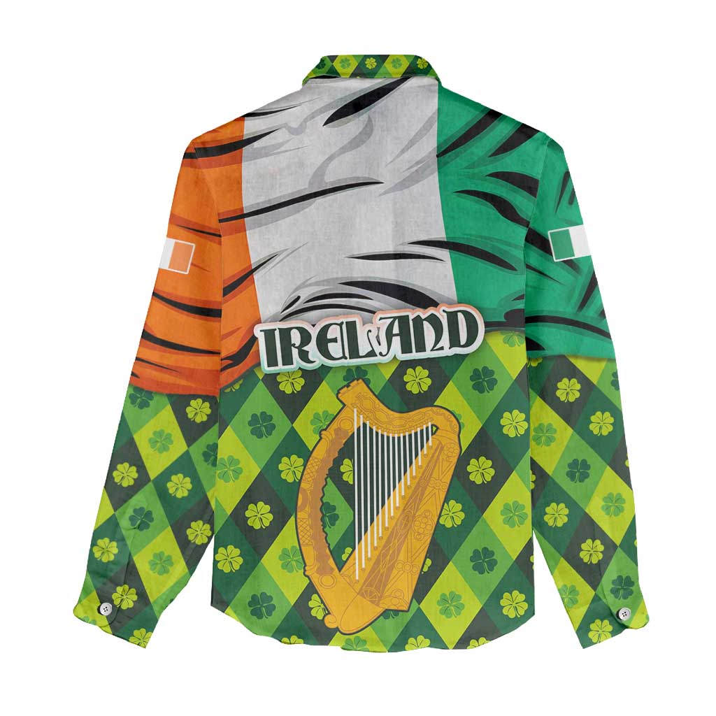 Ireland Women Casual Shirt with Irish Flag Harp and Shamrock Pattern Design