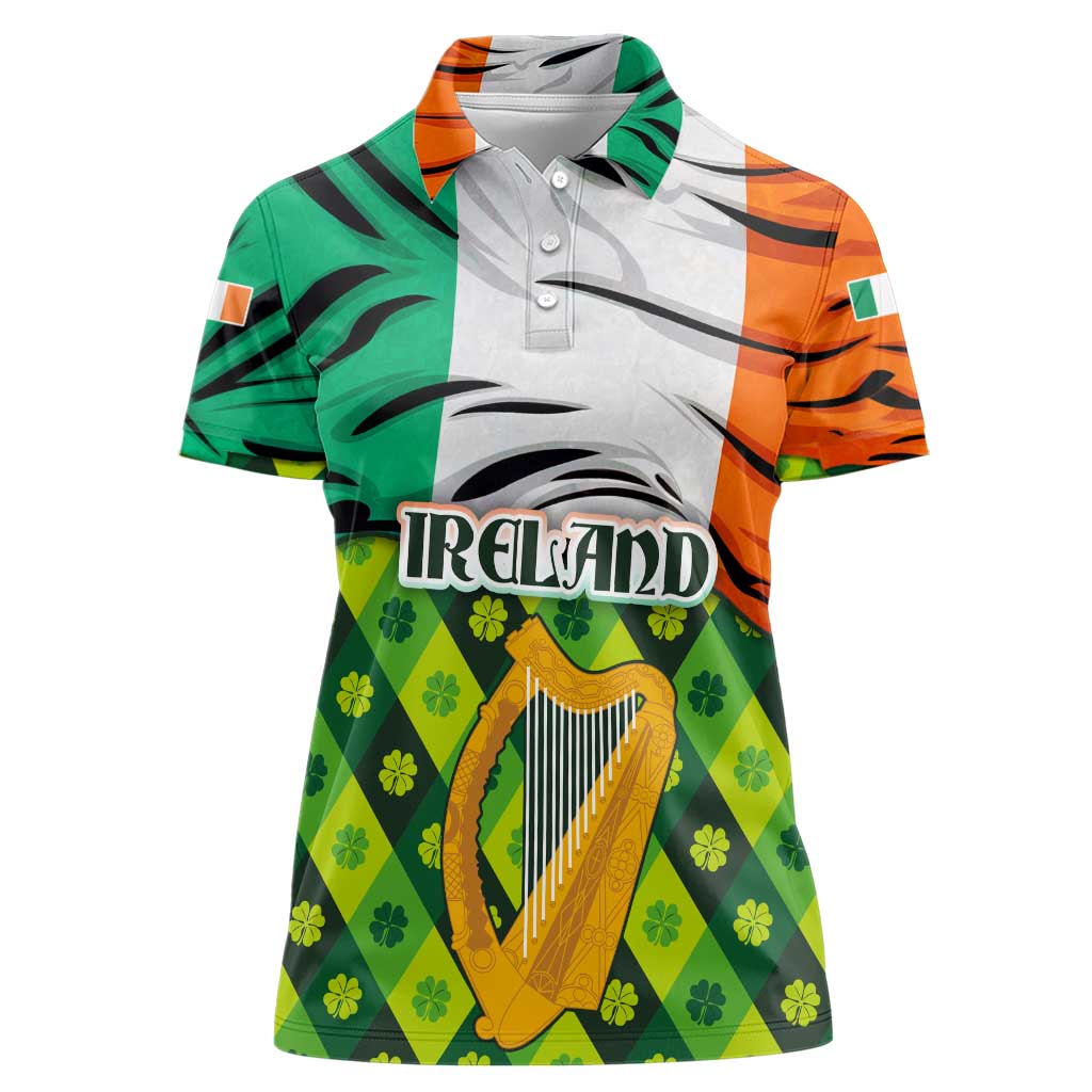 Ireland Women Polo Shirt with Irish Flag Harp and Shamrock Pattern Design