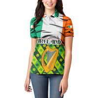 Ireland Women Polo Shirt with Irish Flag Harp and Shamrock Pattern Design