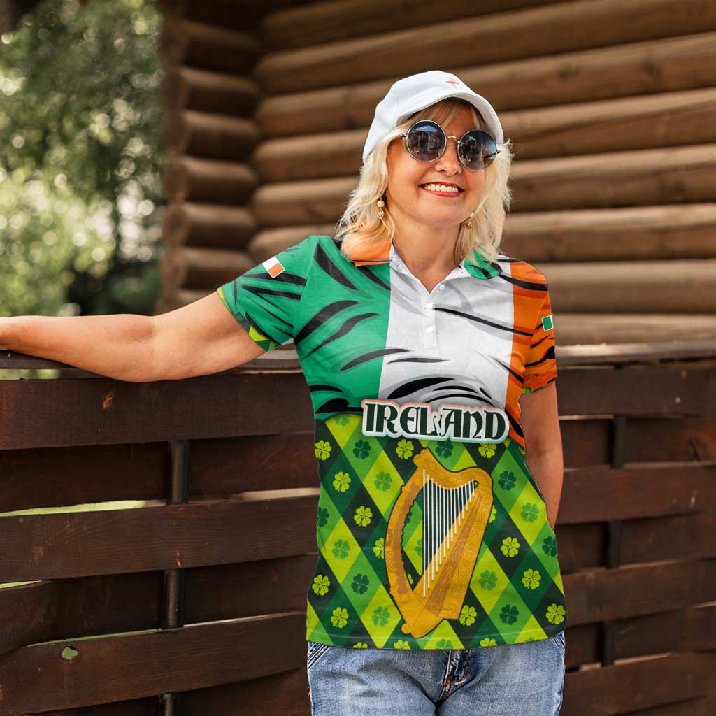 Ireland Women Polo Shirt with Irish Flag Harp and Shamrock Pattern Design