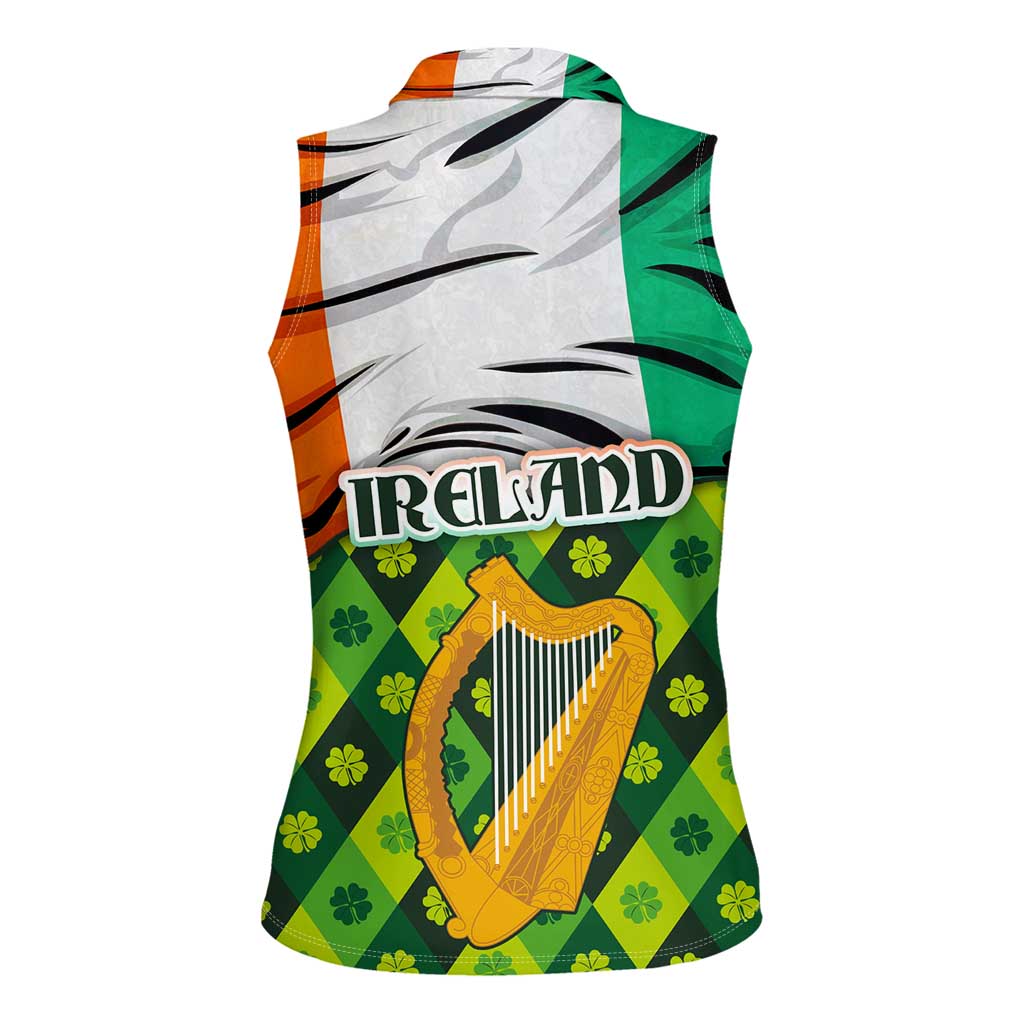 Ireland Women Sleeveless Polo Shirt with Irish Flag Harp and Shamrock Pattern Design