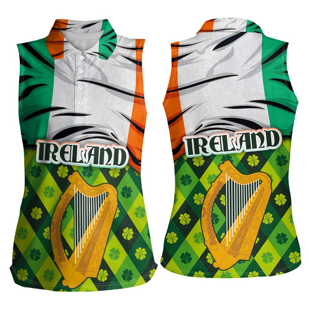 Ireland Women Sleeveless Polo Shirt with Irish Flag Harp and Shamrock Pattern Design