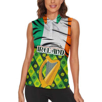 Ireland Women Sleeveless Polo Shirt with Irish Flag Harp and Shamrock Pattern Design