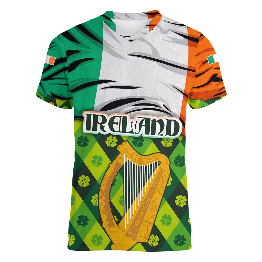 Ireland Women V-Neck T-Shirt with Irish Flag Harp and Shamrock Pattern Design