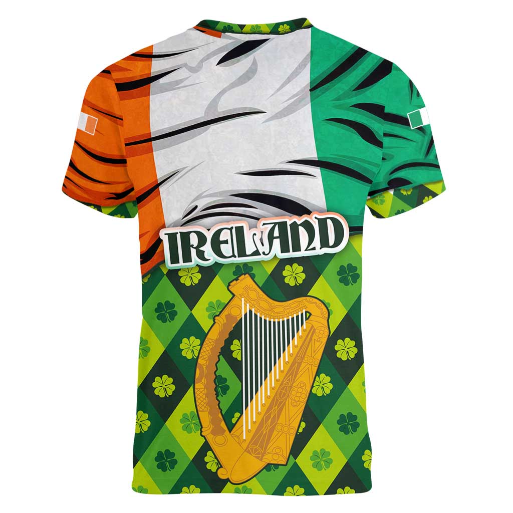 Ireland Women V-Neck T-Shirt with Irish Flag Harp and Shamrock Pattern Design
