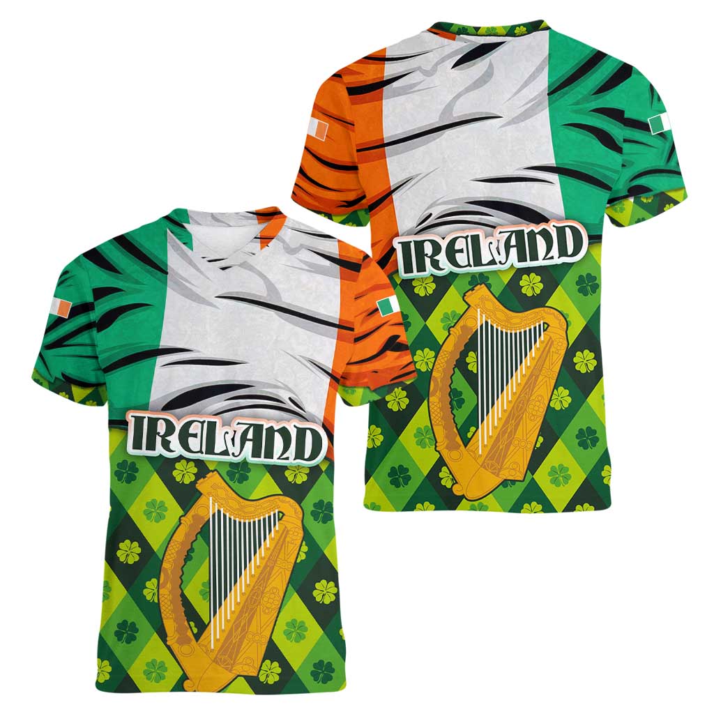 Ireland Women V-Neck T-Shirt with Irish Flag Harp and Shamrock Pattern Design