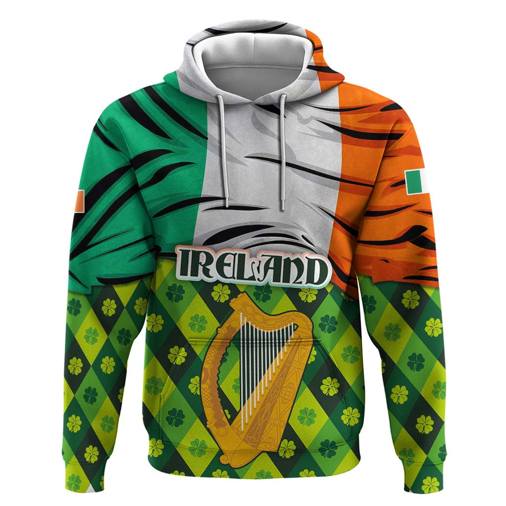 Ireland Zip Hoodie with Irish Flag Harp and Shamrock Pattern Design