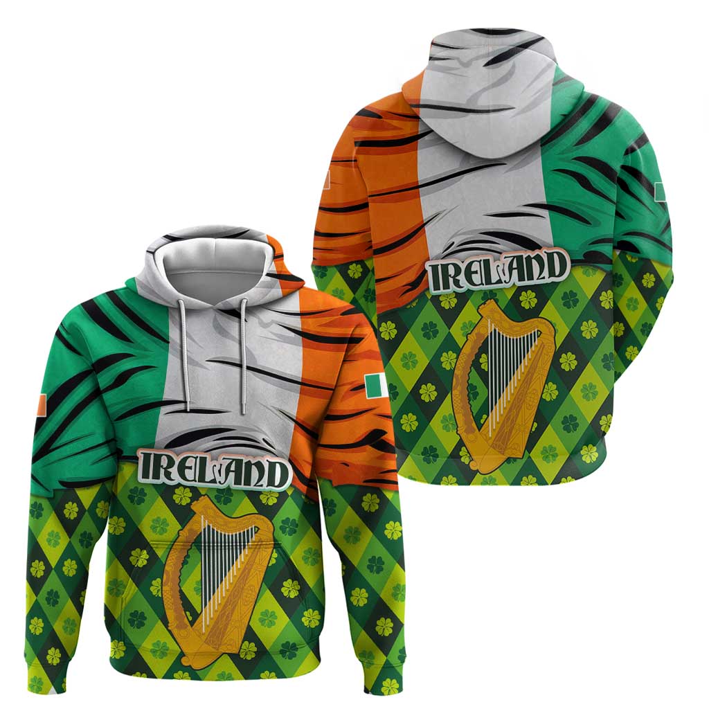 Ireland Zip Hoodie with Irish Flag Harp and Shamrock Pattern Design
