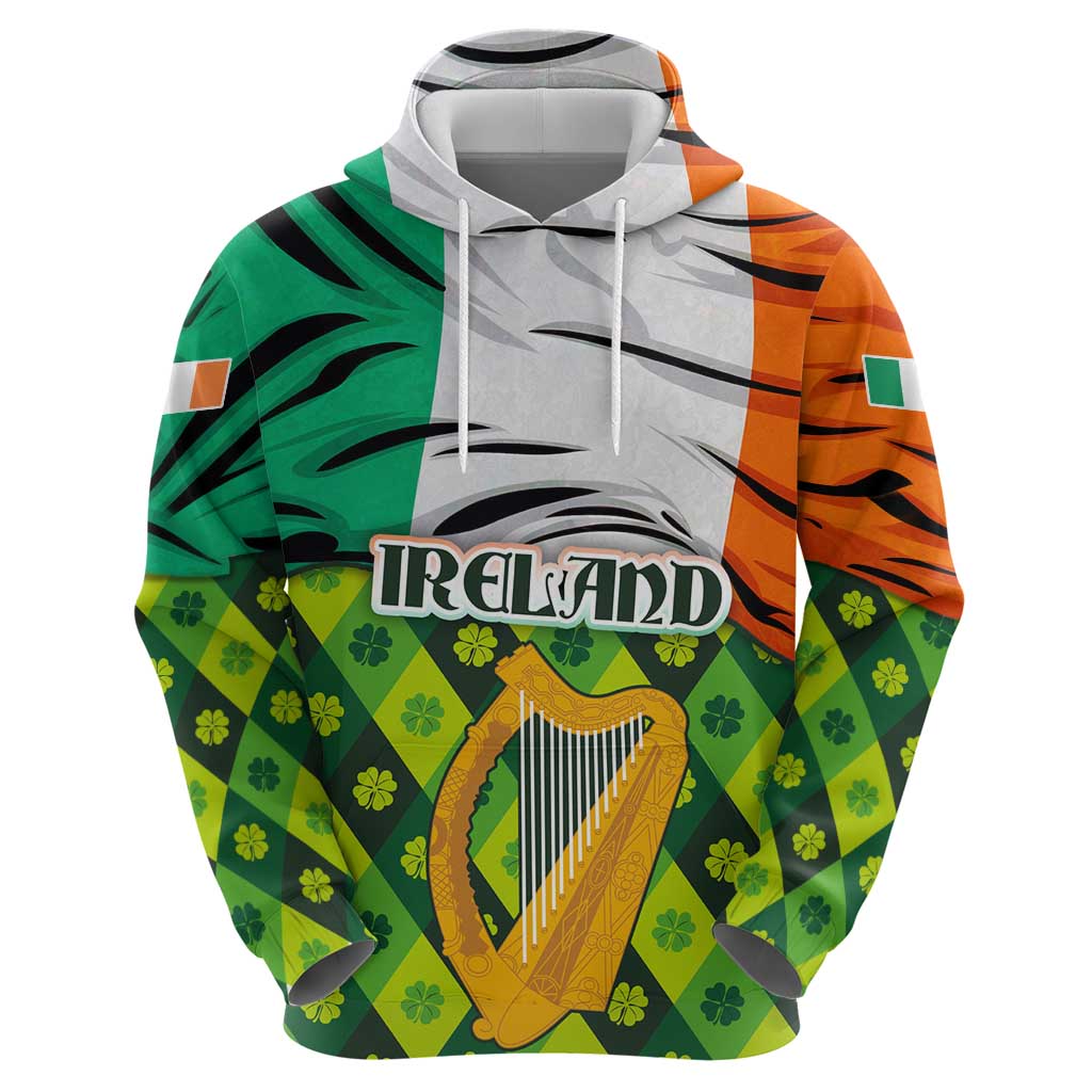 Ireland Zip Hoodie with Irish Flag Harp and Shamrock Pattern Design