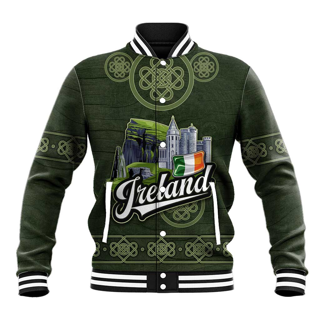 Celtic Ireland Baseball Jacket with Irish Flag Castle and Knotwork Design