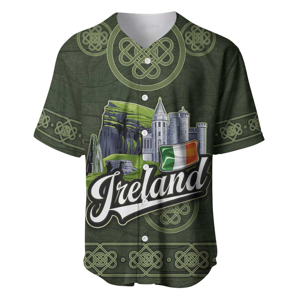 Celtic Ireland Baseball Jersey with Irish Flag Castle and Knotwork Design