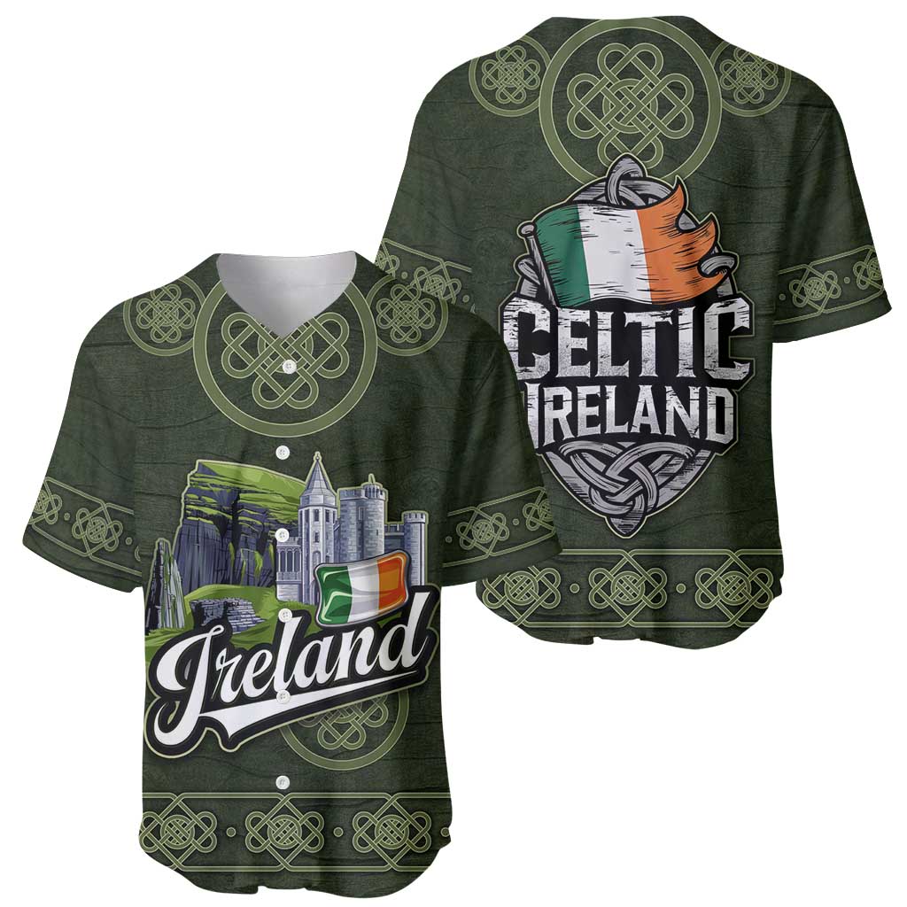 Celtic Ireland Baseball Jersey with Irish Flag Castle and Knotwork Design