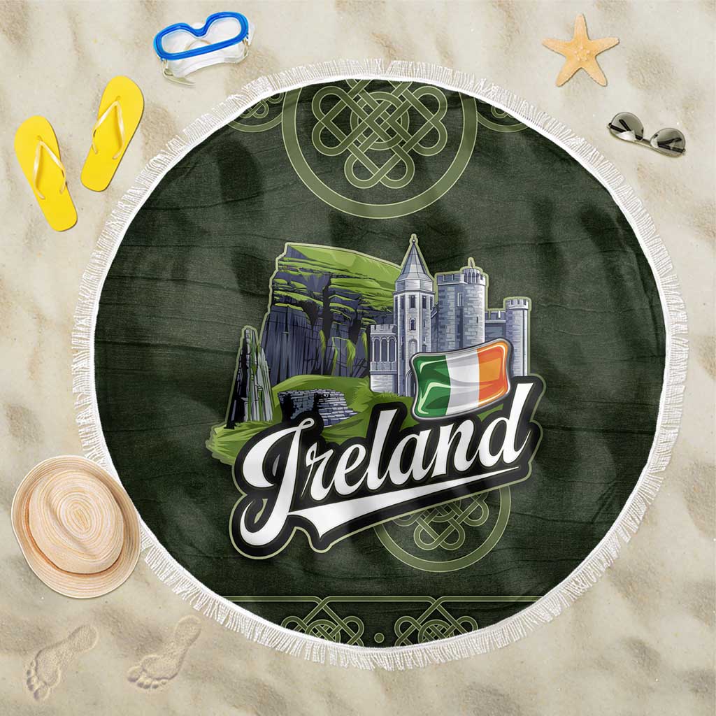 Celtic Ireland Beach Blanket with Irish Flag Castle and Knotwork Design