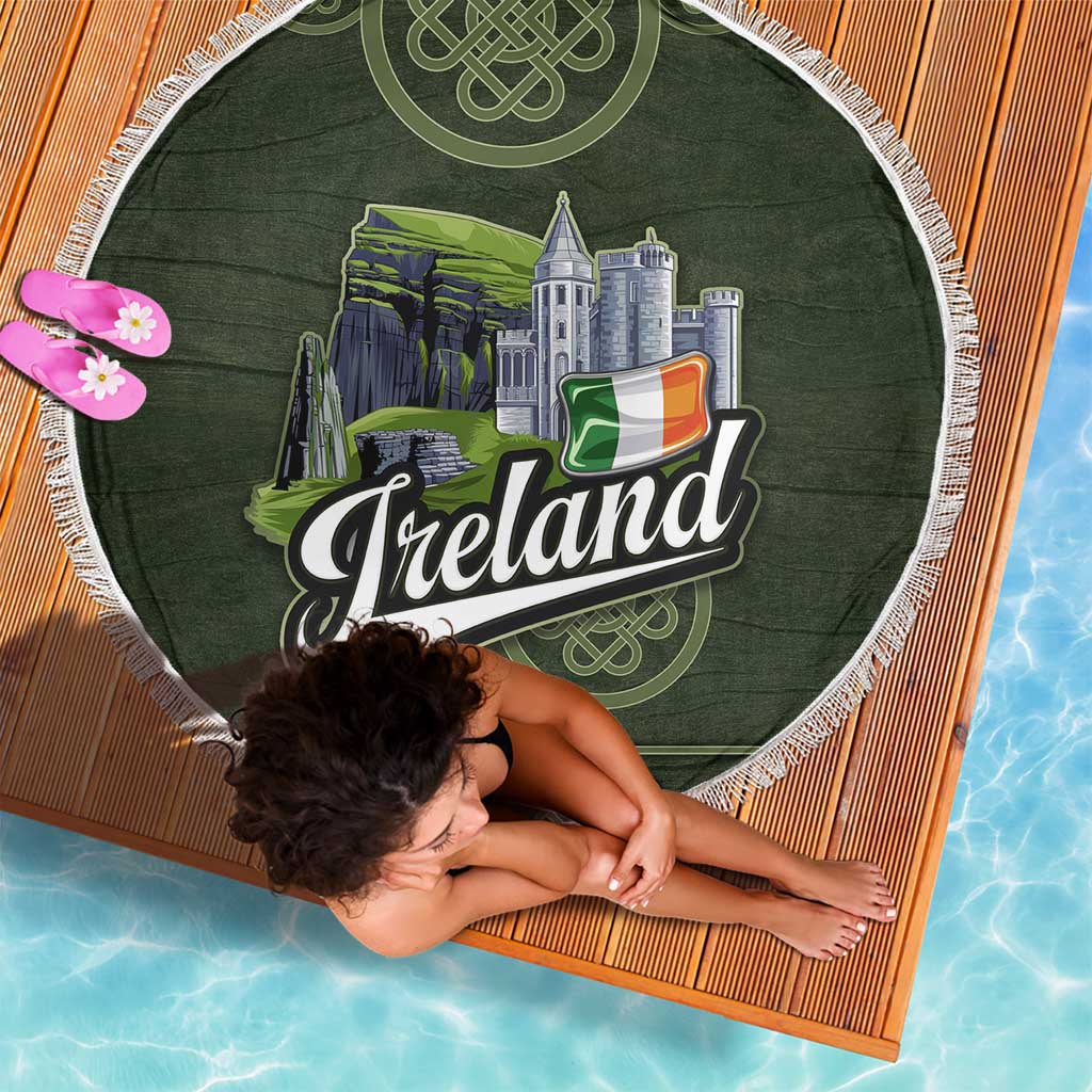 Celtic Ireland Beach Blanket with Irish Flag Castle and Knotwork Design