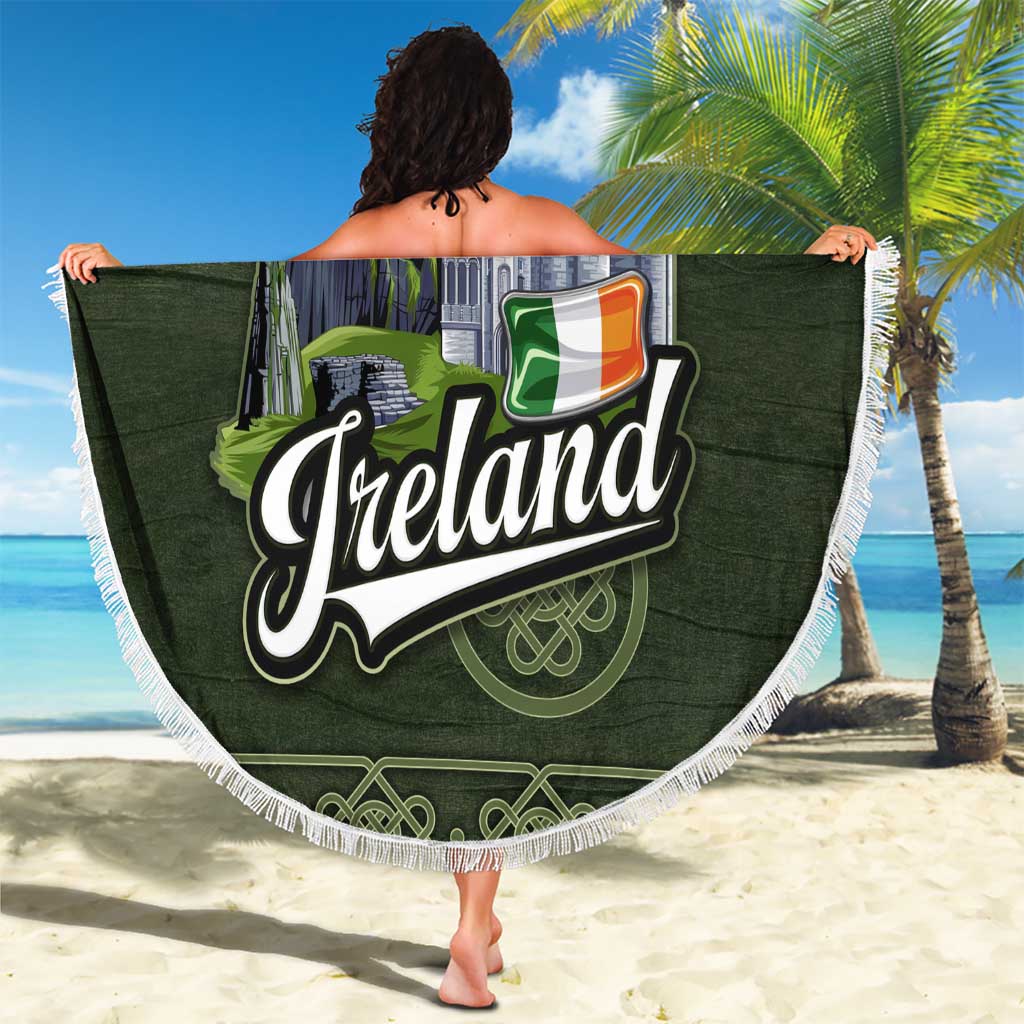 Celtic Ireland Beach Blanket with Irish Flag Castle and Knotwork Design