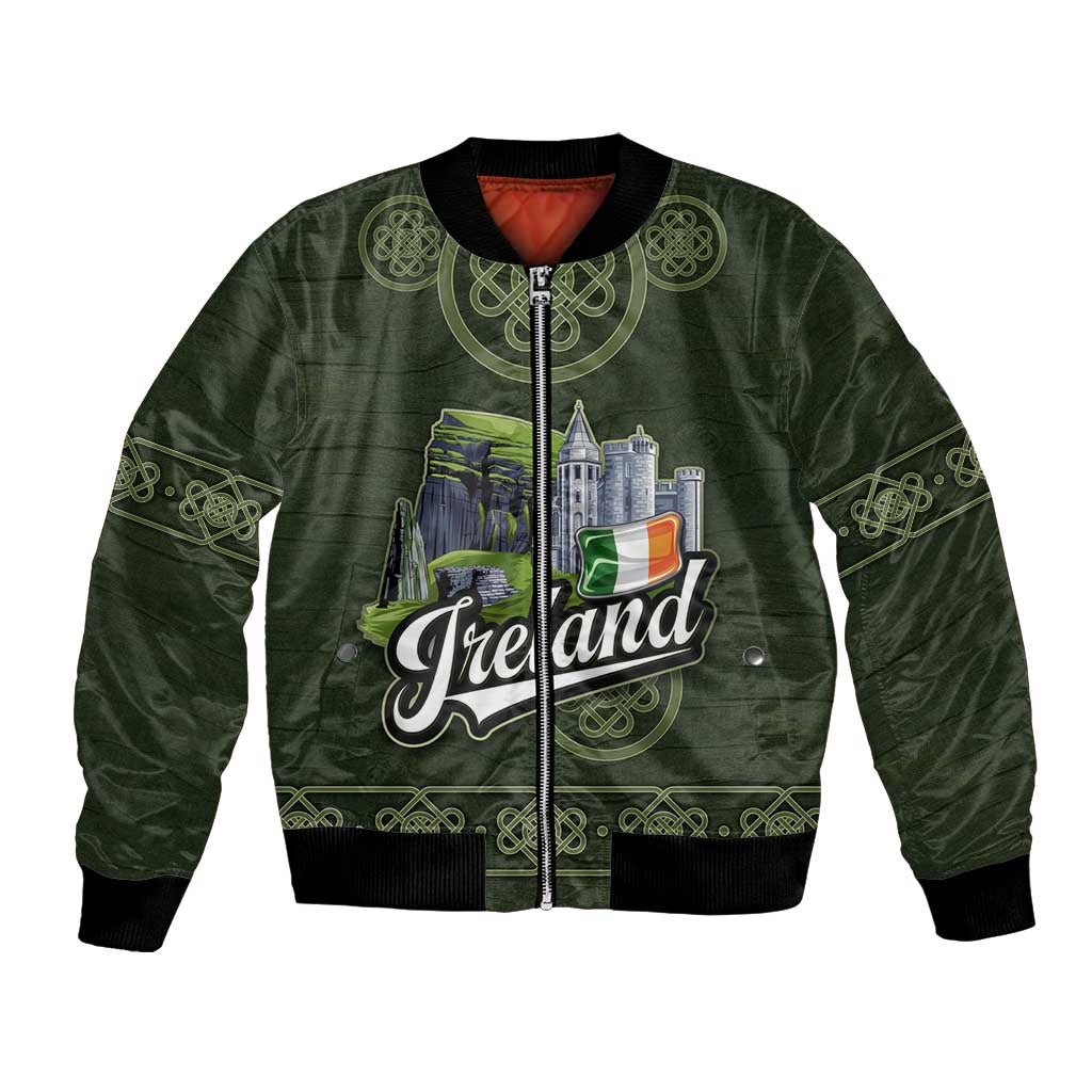 Celtic Ireland Bomber Jacket with Irish Flag Castle and Knotwork Design