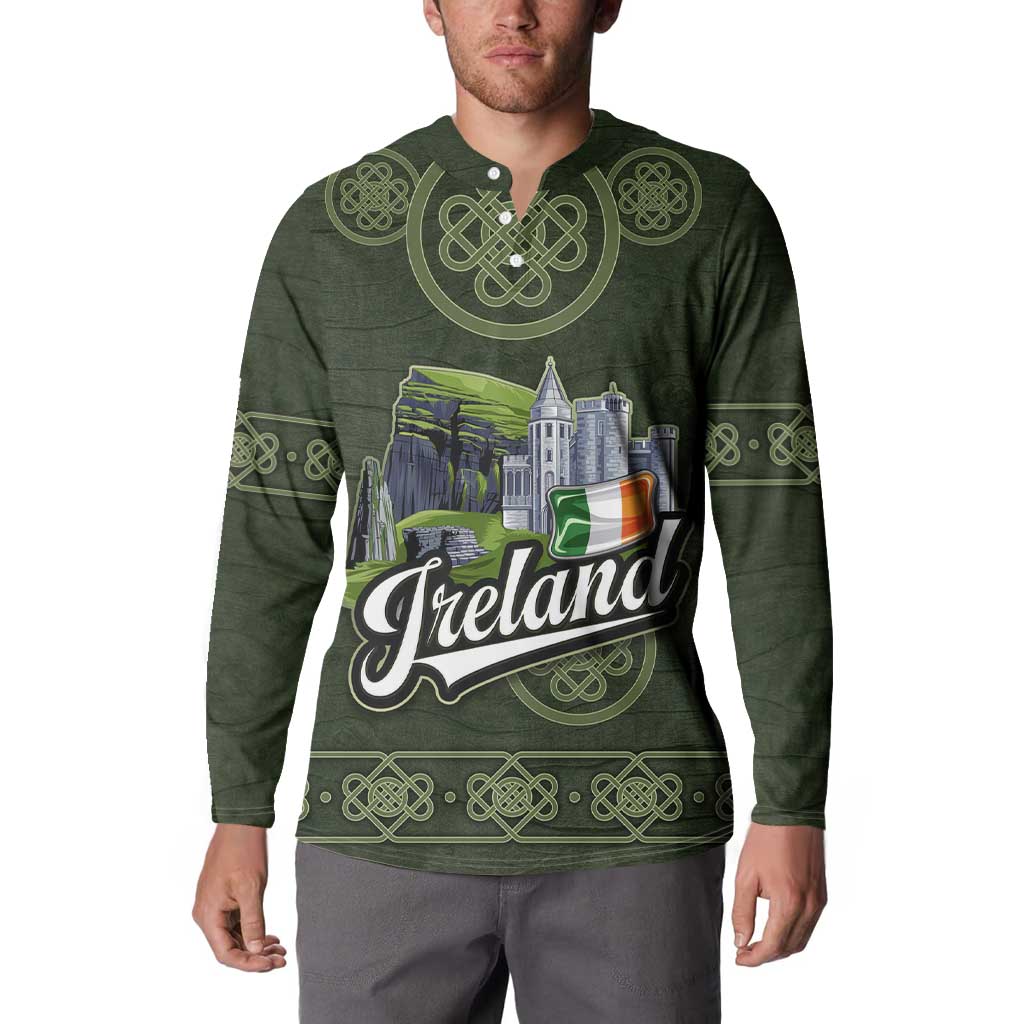 Celtic Ireland Button Sweatshirt with Irish Flag Castle and Knotwork Design