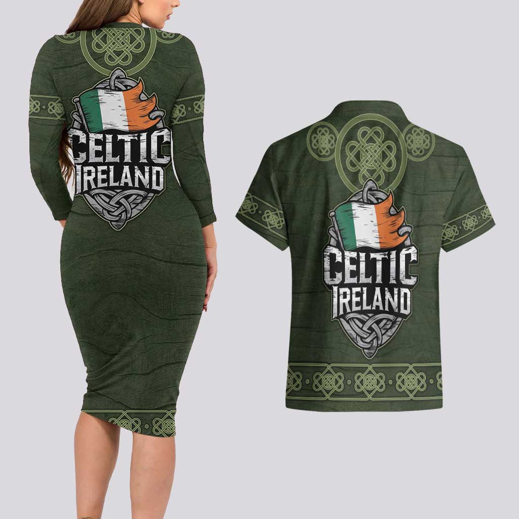 Celtic Ireland Couples Matching Long Sleeve Bodycon Dress and Hawaiian Shirt with Irish Flag Castle and Knotwork Design