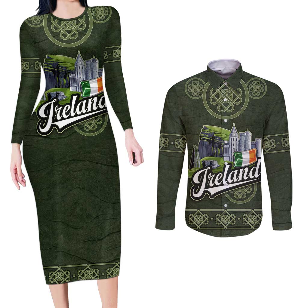 Celtic Ireland Couples Matching Long Sleeve Bodycon Dress and Long Sleeve Button Shirt with Irish Flag Castle and Knotwork Design