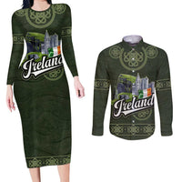 Celtic Ireland Couples Matching Long Sleeve Bodycon Dress and Long Sleeve Button Shirt with Irish Flag Castle and Knotwork Design