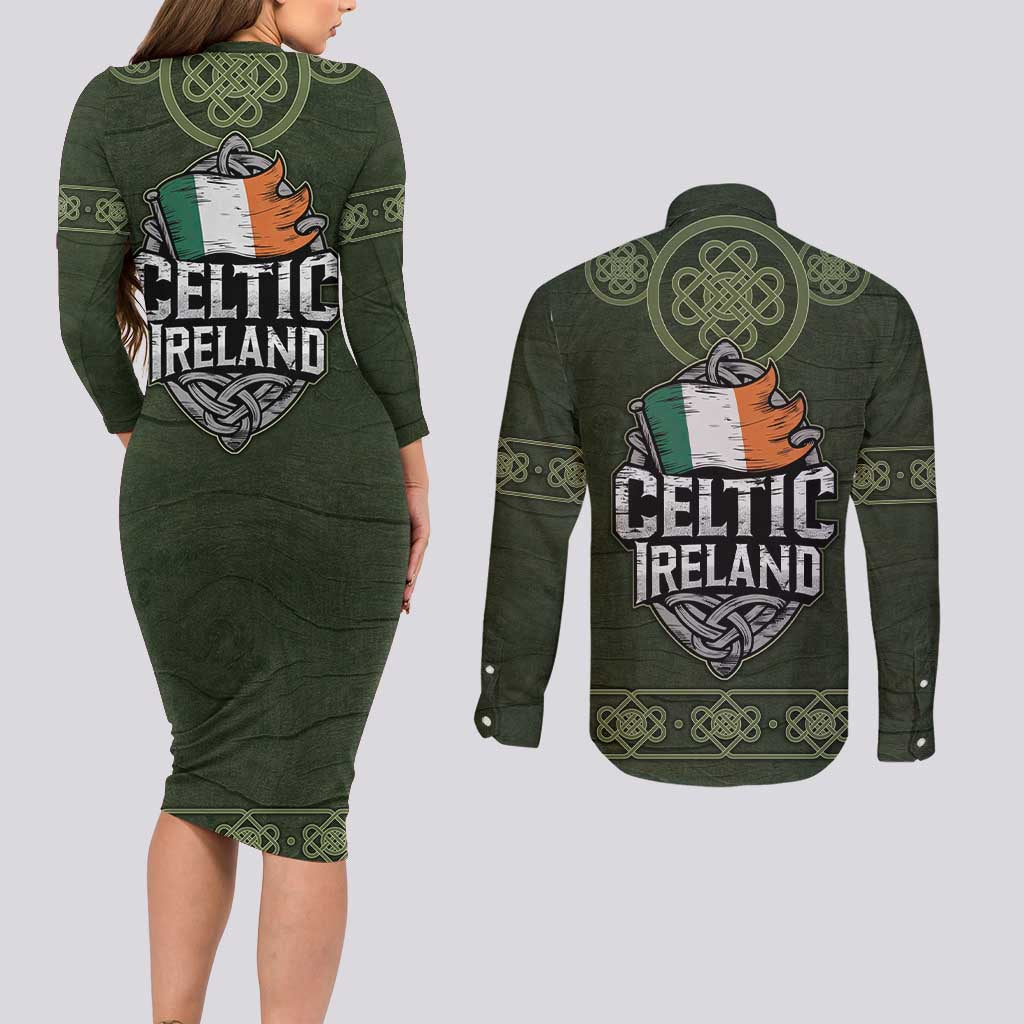 Celtic Ireland Couples Matching Long Sleeve Bodycon Dress and Long Sleeve Button Shirt with Irish Flag Castle and Knotwork Design