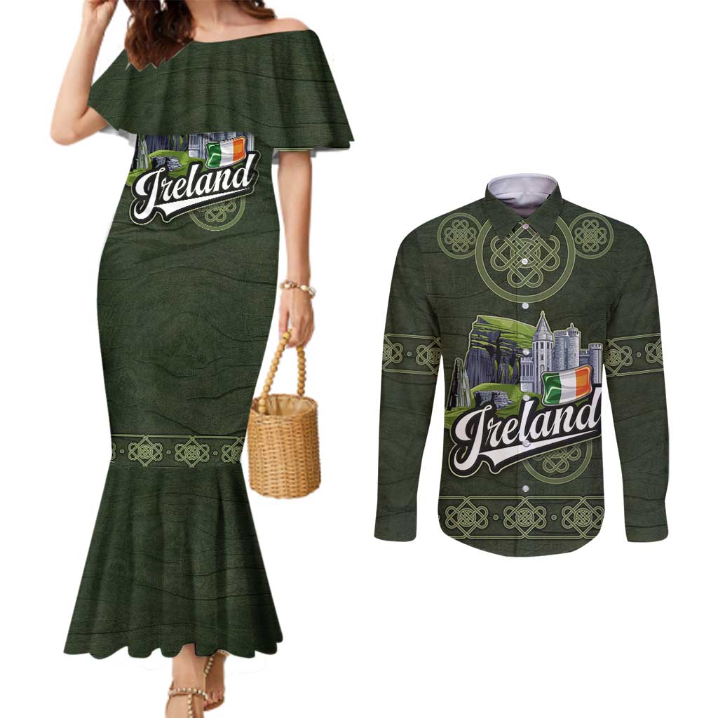 Celtic Ireland Couples Matching Mermaid Dress and Long Sleeve Button Shirt with Irish Flag Castle and Knotwork Design