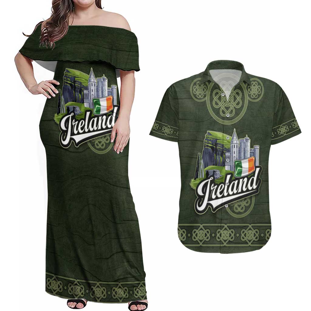 Celtic Ireland Couples Matching Off Shoulder Maxi Dress and Hawaiian Shirt with Irish Flag Castle and Knotwork Design