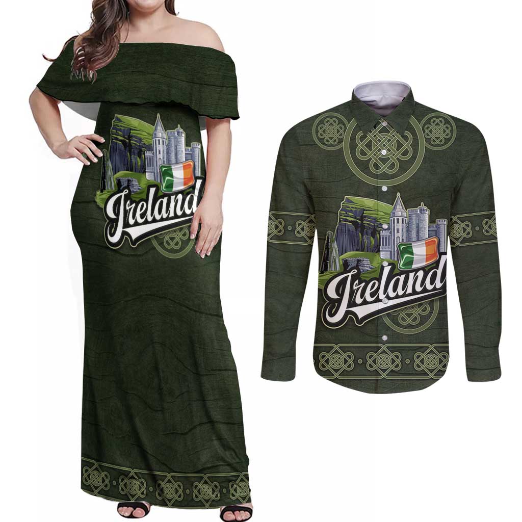 Celtic Ireland Couples Matching Off Shoulder Maxi Dress and Long Sleeve Button Shirt with Irish Flag Castle and Knotwork Design