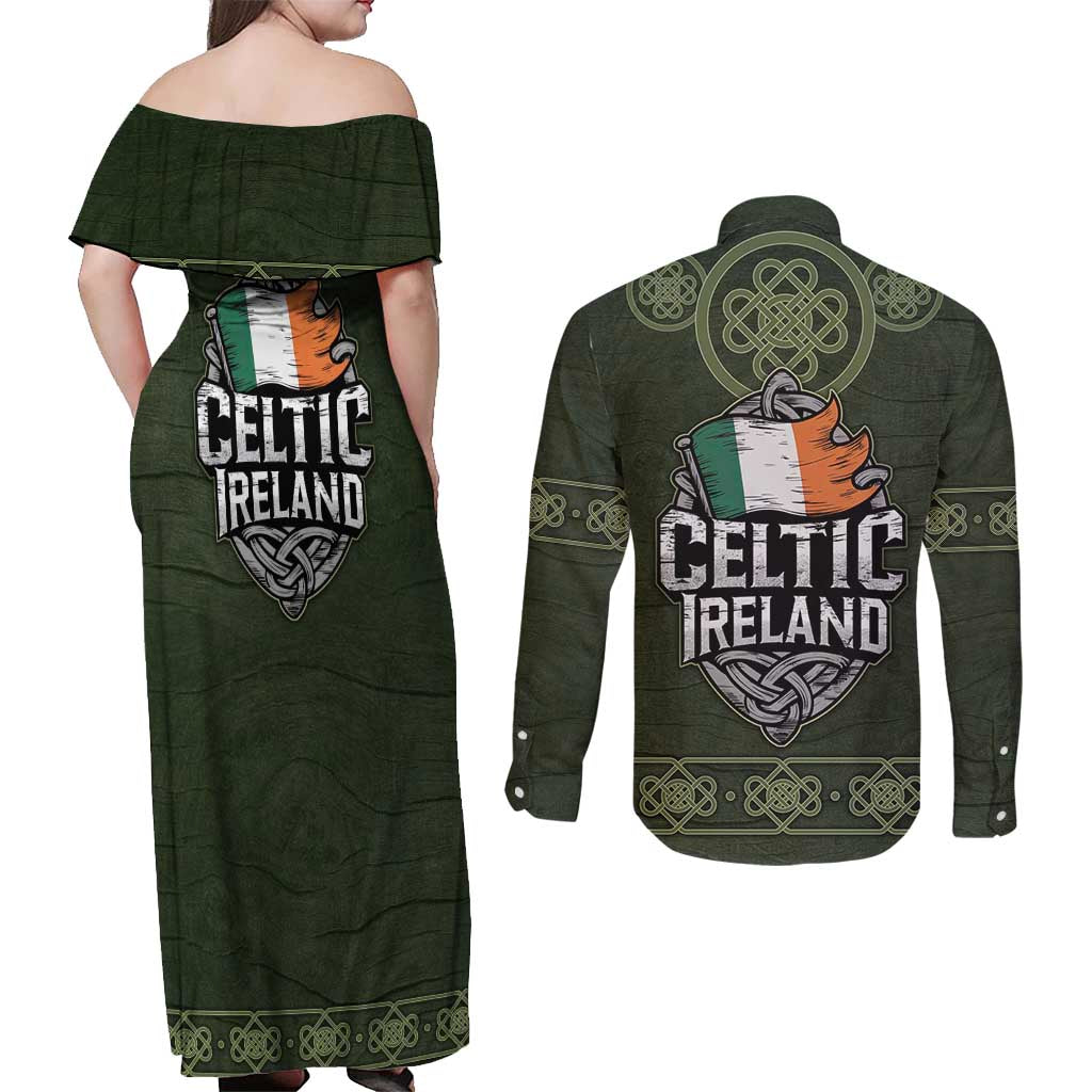 Celtic Ireland Couples Matching Off Shoulder Maxi Dress and Long Sleeve Button Shirt with Irish Flag Castle and Knotwork Design