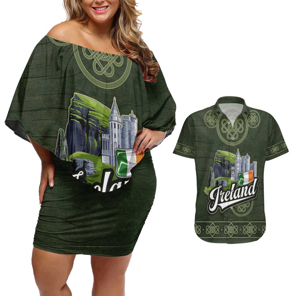 Celtic Ireland Couples Matching Off Shoulder Short Dress and Hawaiian Shirt with Irish Flag Castle and Knotwork Design
