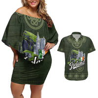 Celtic Ireland Couples Matching Off Shoulder Short Dress and Hawaiian Shirt with Irish Flag Castle and Knotwork Design
