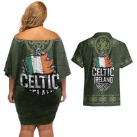 Celtic Ireland Couples Matching Off Shoulder Short Dress and Hawaiian Shirt with Irish Flag Castle and Knotwork Design